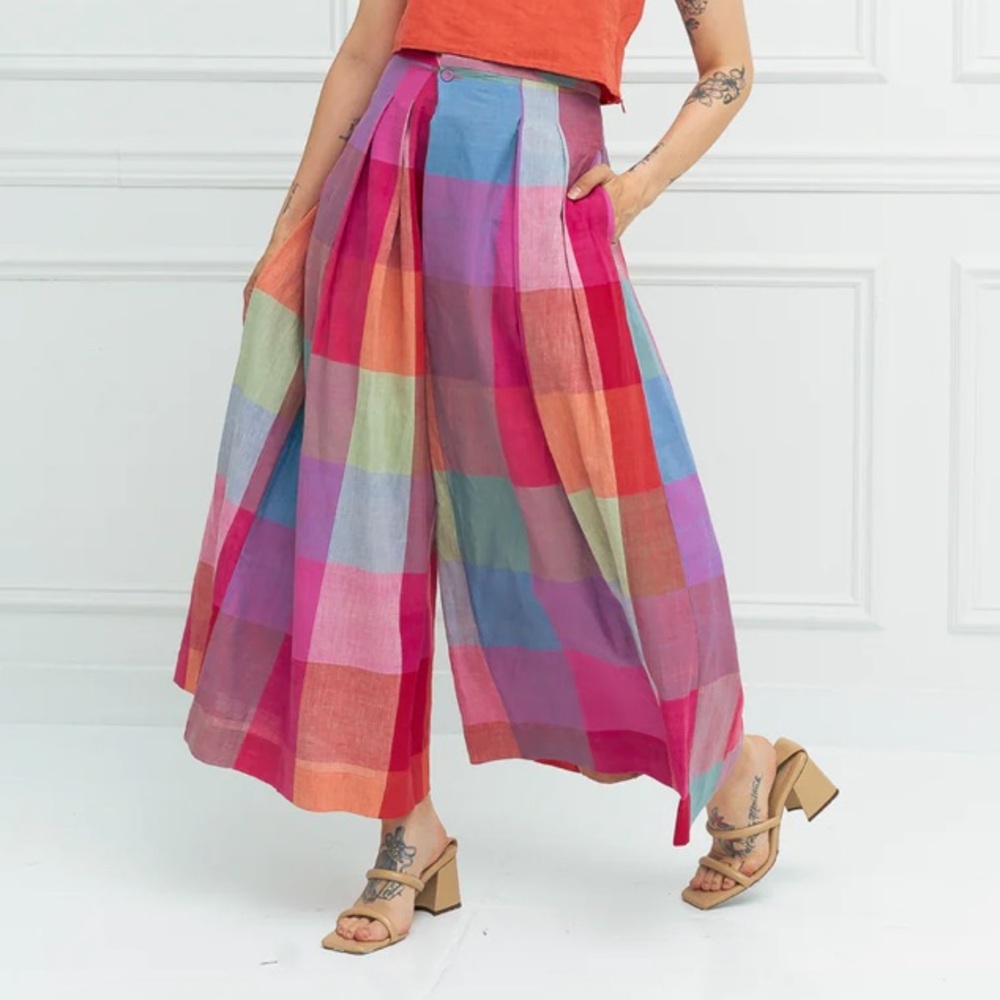 new(ish) rujuta sheth xxl frida pants, prism chex (missing one inner button)